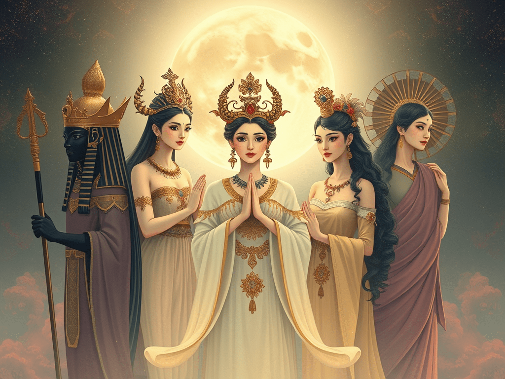 L'image représente les dieux et déesse de lune de l'antiquité à nos jours