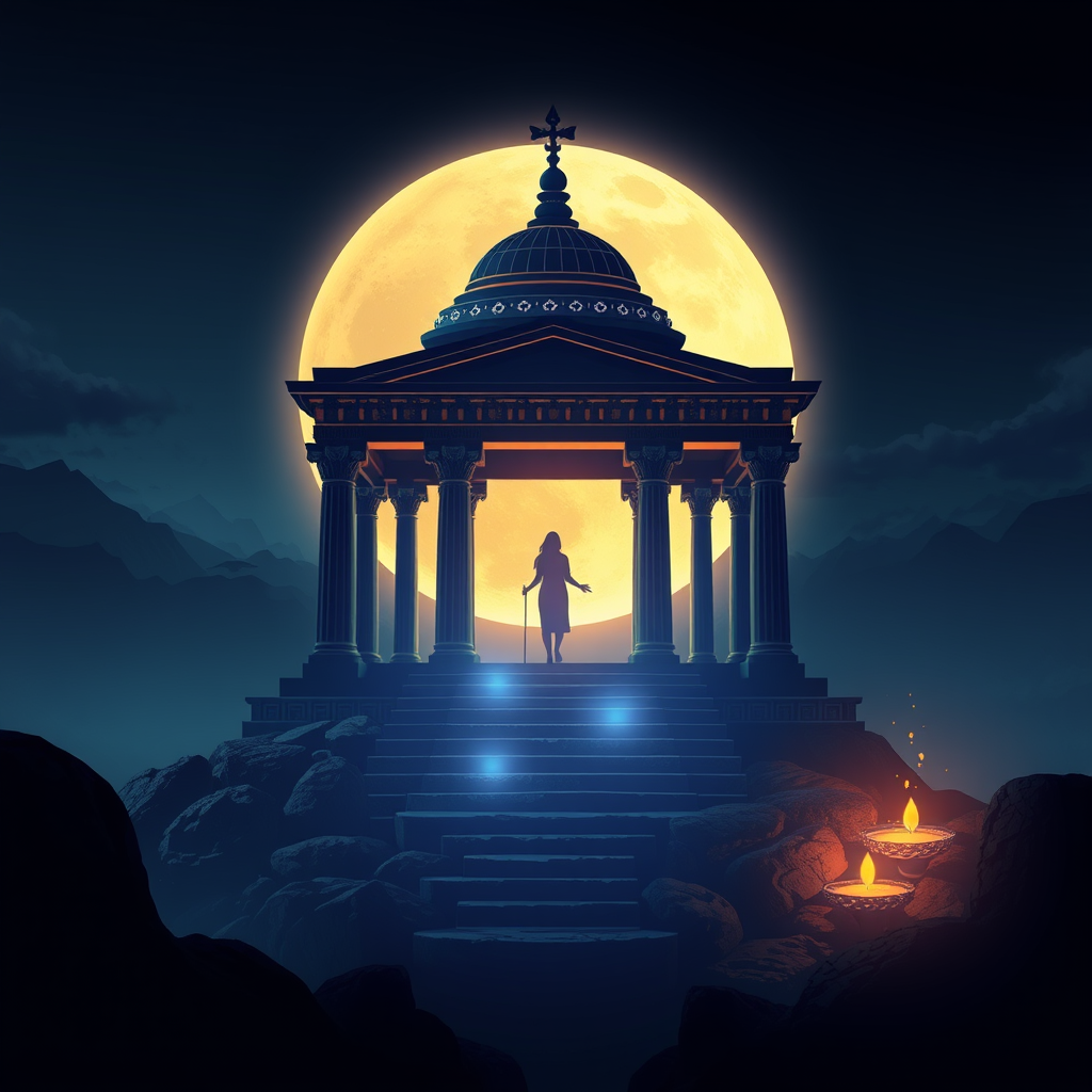Image d'un temple avec une femme en son centre, la pleine lune illumine le ciel