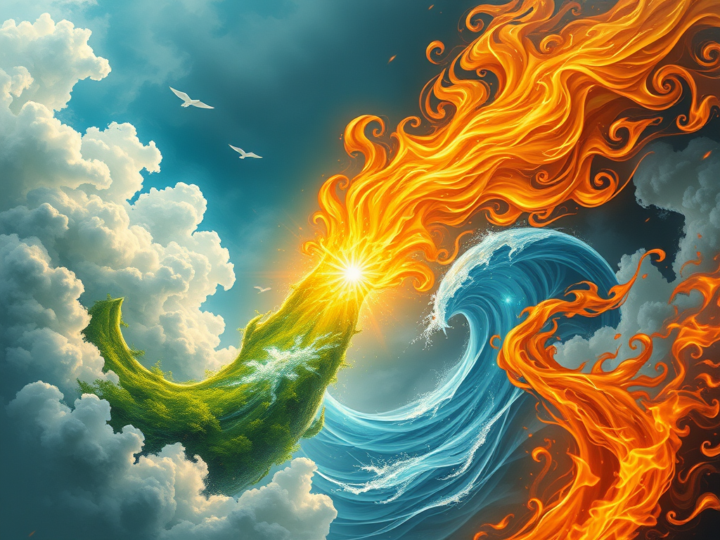 Une image qui représente la magie des éléments, l'air, la terre, le feu et l'eau