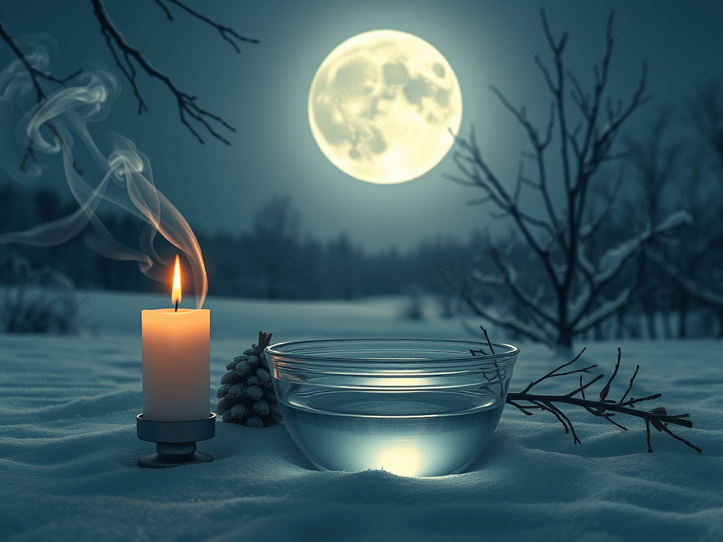 un rituel réalisé sous la pleine lune avec de l'eau et une bougie