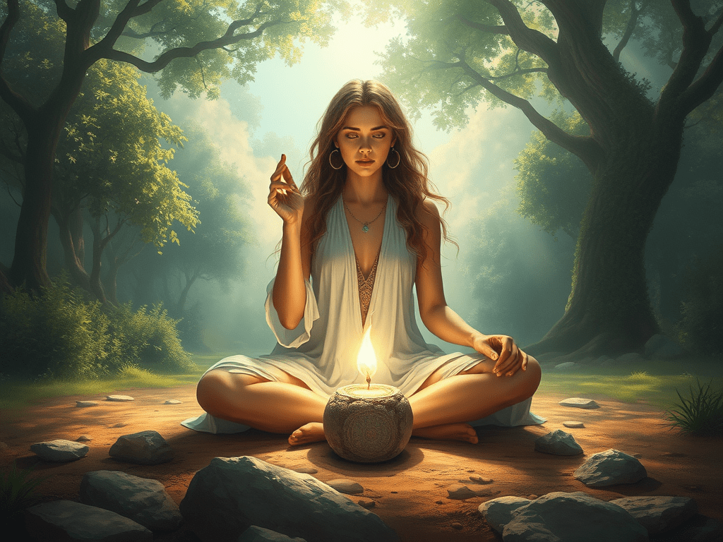 Image d'une femme qui pratique un rituel de magie verte pour s'ancrer à la terre