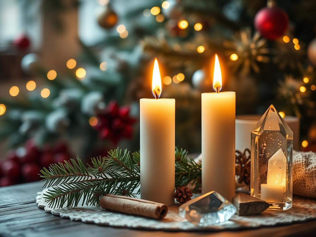 Image de rituel de Noël avec bougie, cannelle, cristaux, sapin