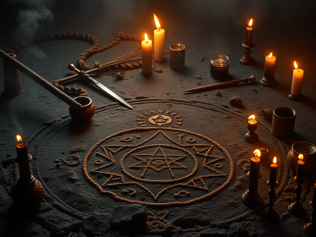la magie blanche, la magie cérémonielle, représenteun cerche magique, un athamé, des bougies