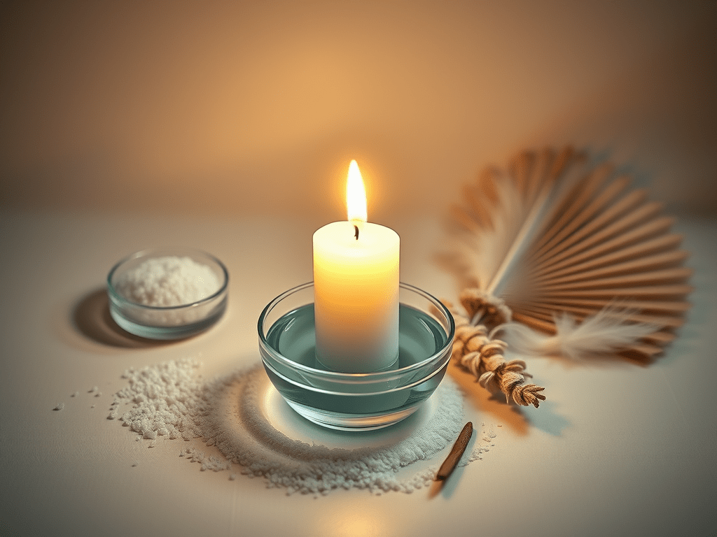 une bougie et du sel pour un rituel de magie blanche, de magie cérémonielle. C'est un rituel purification pour nettoyer l'esprit et l'énergie