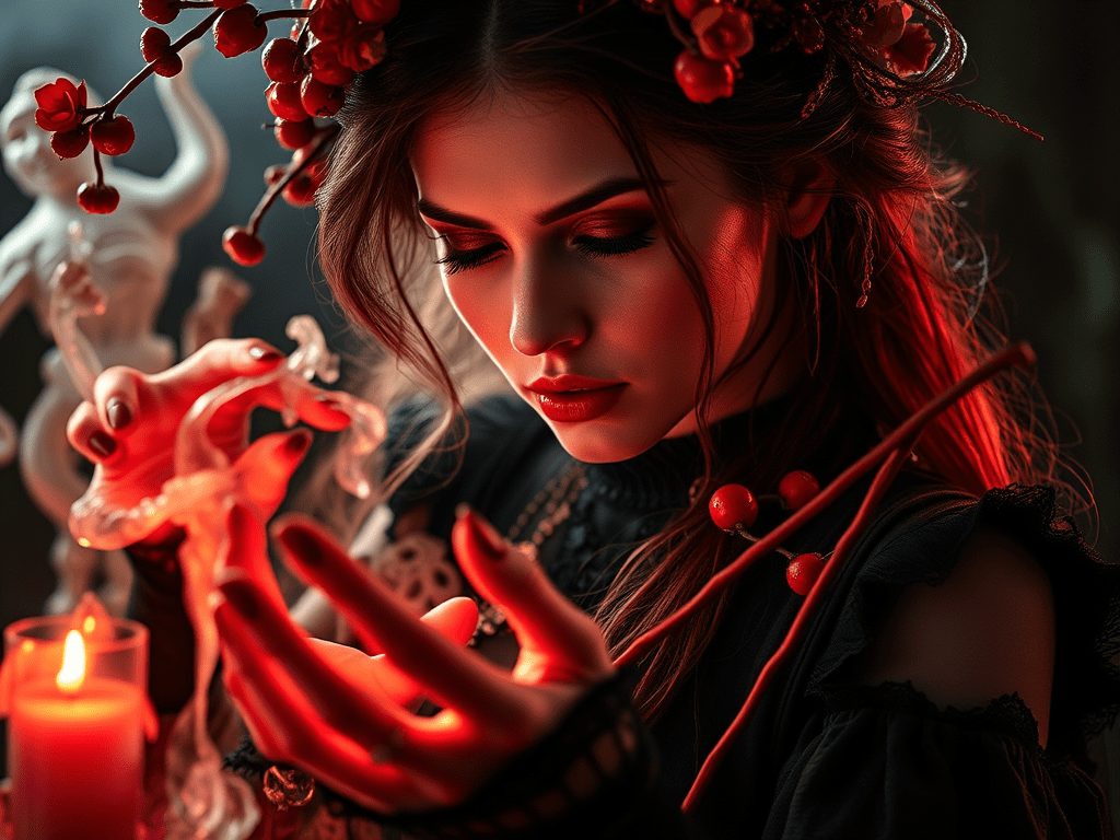 femme, magienne, druide ou sorcière pratiquant la magie rouge