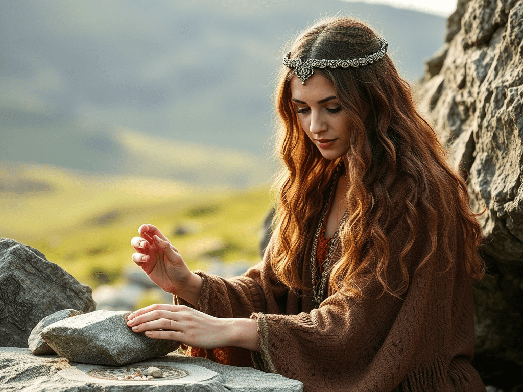 Représente une femme, une mage qui interprète des symboles runique de la magie runique