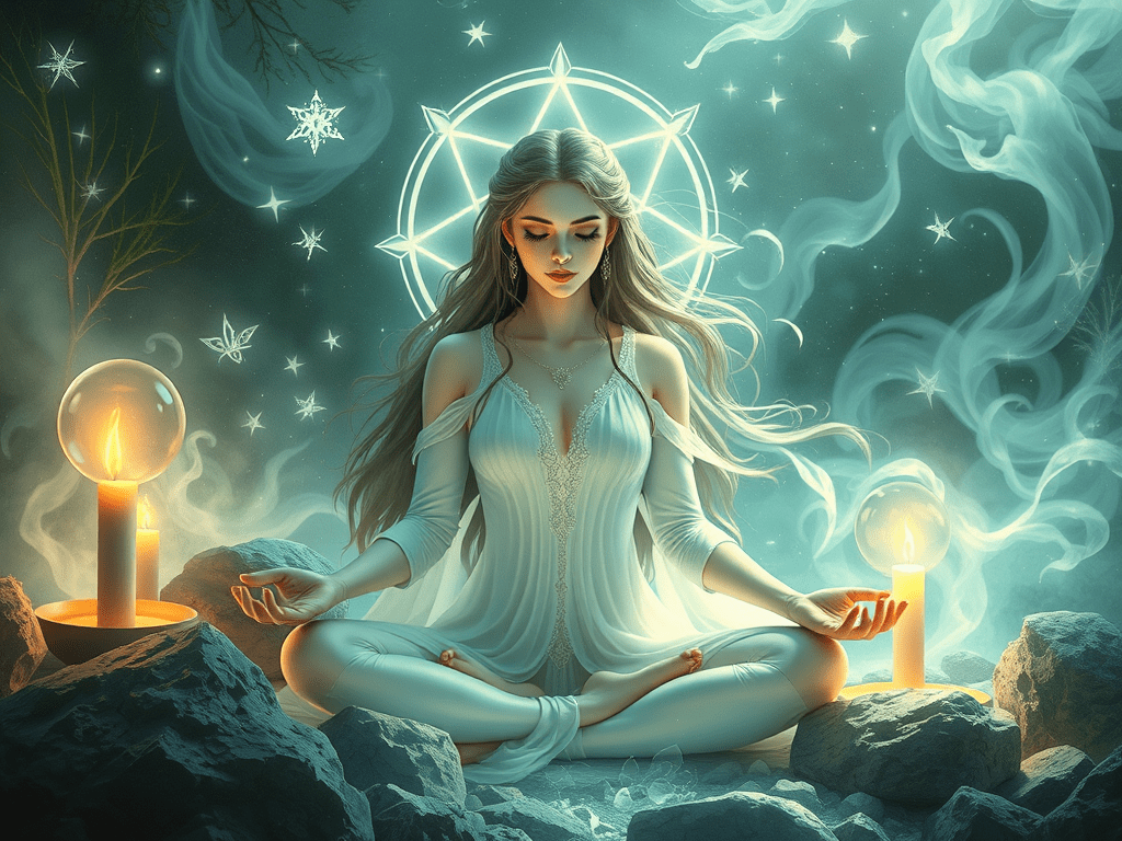 Femme magicienne ou druide pratiquant la magie blanche, elle médite