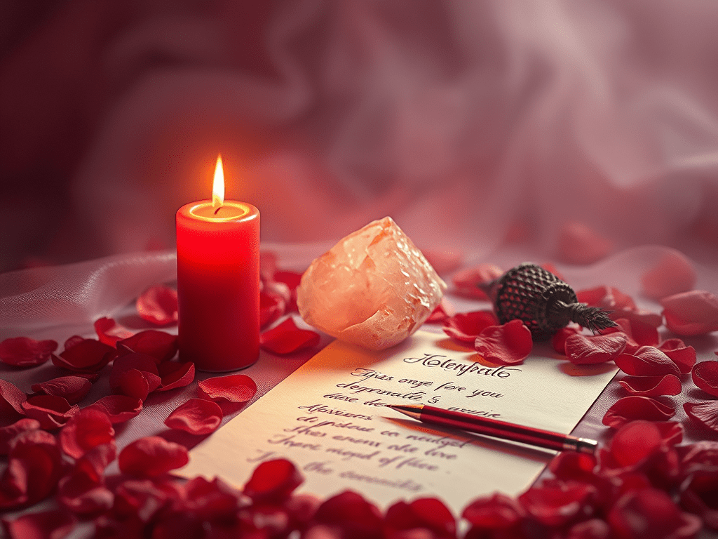 Rituel de magie rouge pour allumer la flamme de l'amour avec une bougie, un quartz rose, des pétales de roses