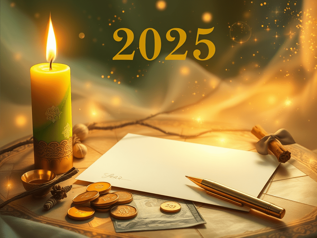 Rituel d'abondance pour la nouvelle année avec bougie, pièce, canelle, feuille blanche et stylo