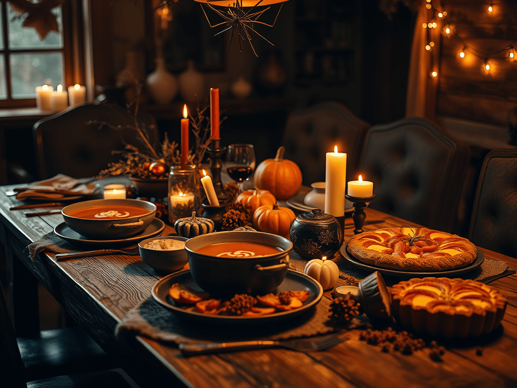 Une table festive d'automne avec des plats gourmand réalisé dans la cuisine de la sorcière