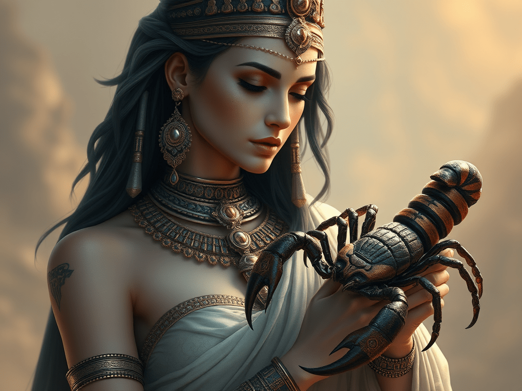 Déesse égyptienne isis tenant dans ces mains un scorpion