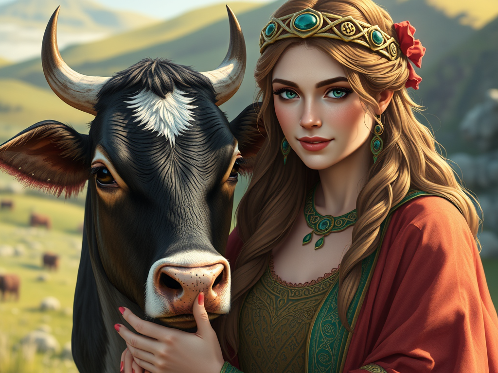Un dessin de la déesse Brigid avec une vache