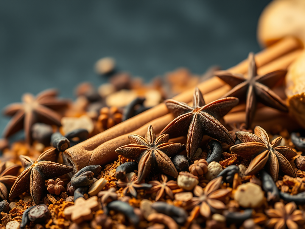 Un mélange d'épice pour recette de pain d'épice magique cannelle, gingembre, girofle, badiane